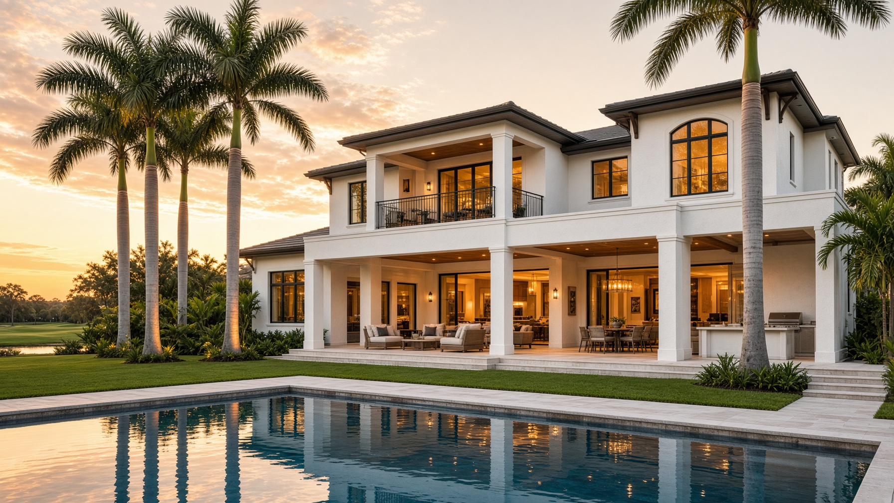 Custom Florida home with a lanai and pool at dusk